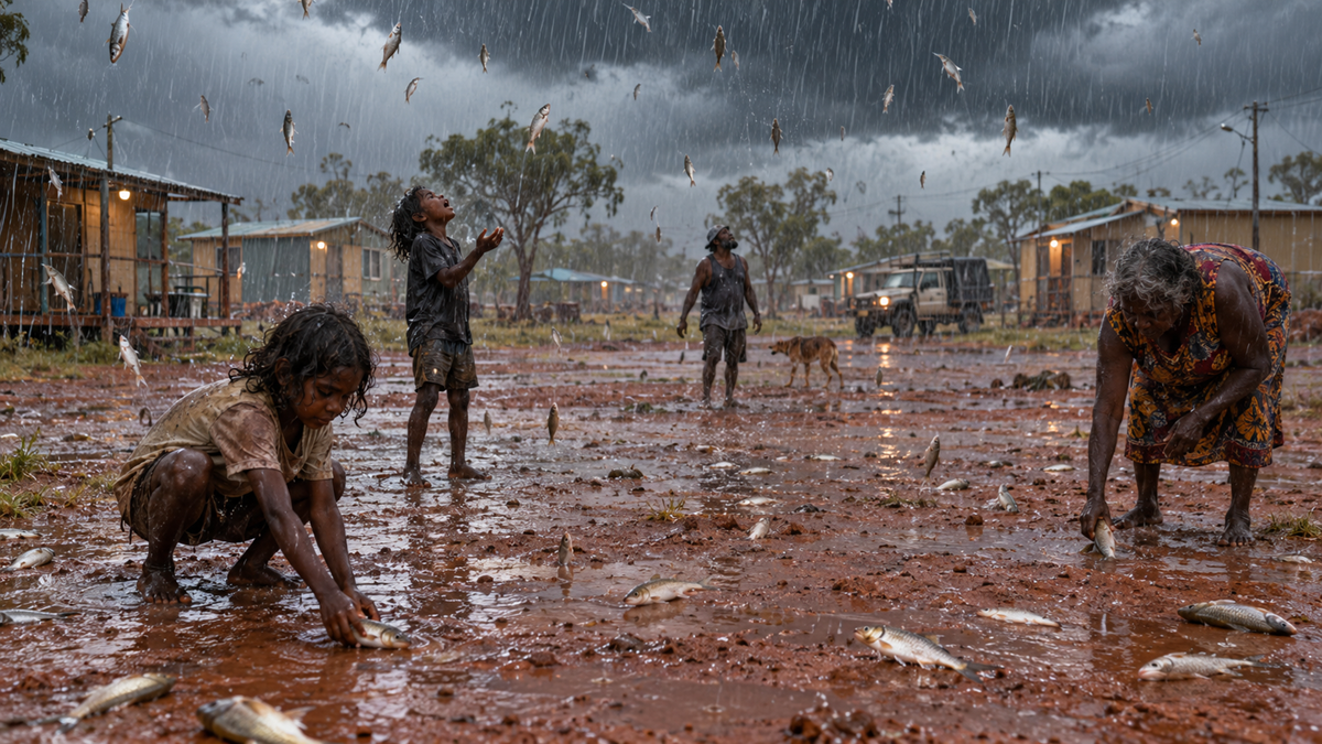 A group of people in a muddy, rainy landscape gather fish falling from the sky.