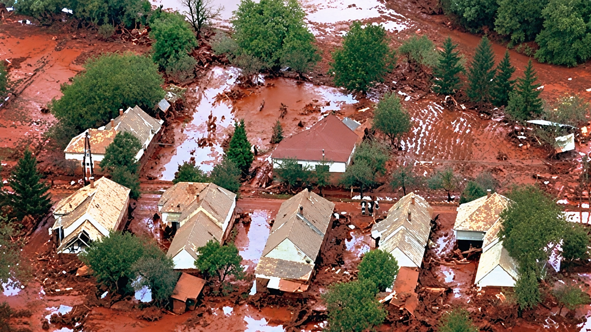 Aerial view of houses in a village surrounded by thick, red industrial sludge following a disaster.