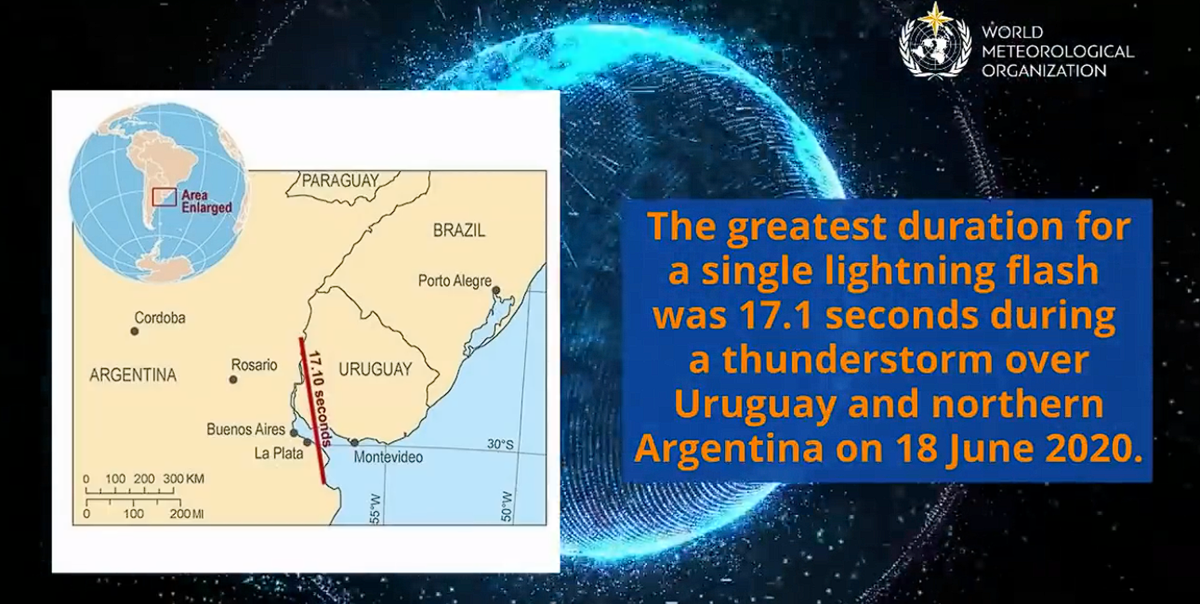 A map showing the location of a 17.1-second lightning flash over Uruguay and Argentina, alongside the text: “The greatest duration for a single lightning flash was 17.1 seconds during a thunderstorm over Uruguay and northern Argentina.”
