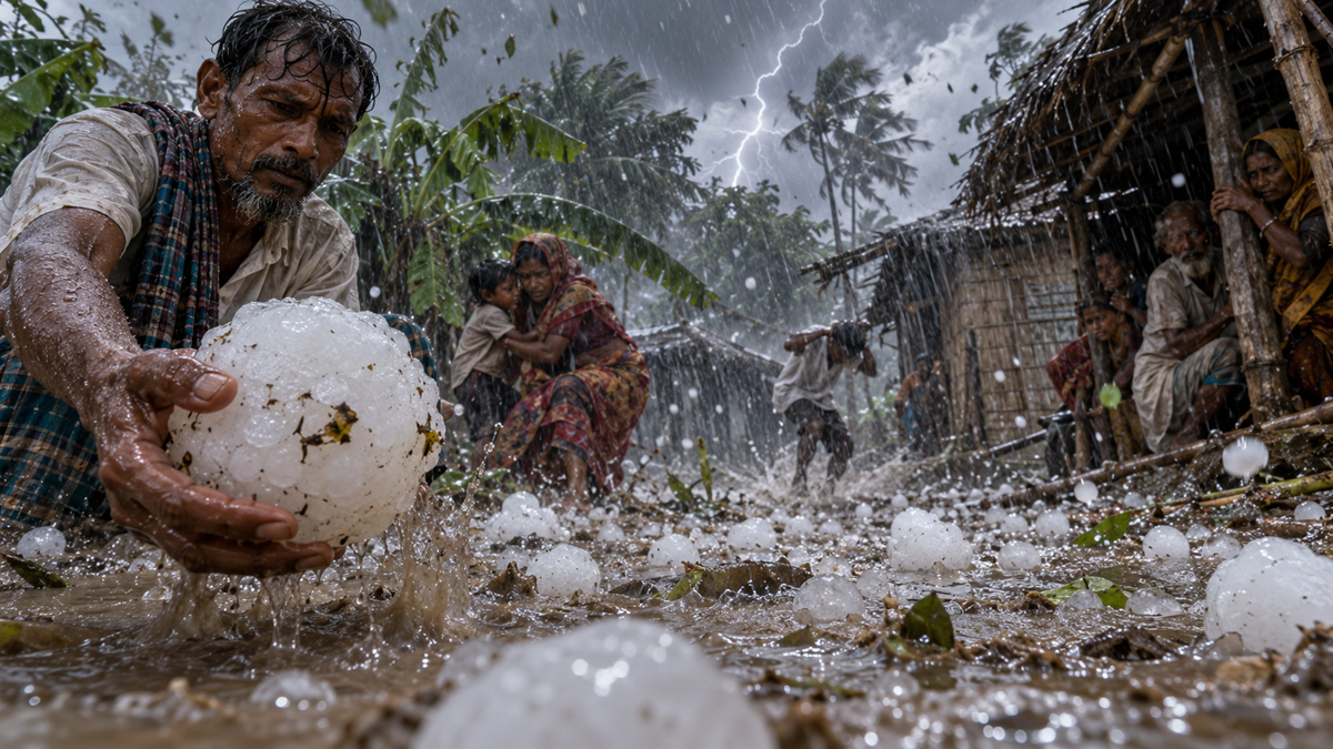 A man in a flooded village holds a large piece of hail while people seek shelter during a storm with lightning.