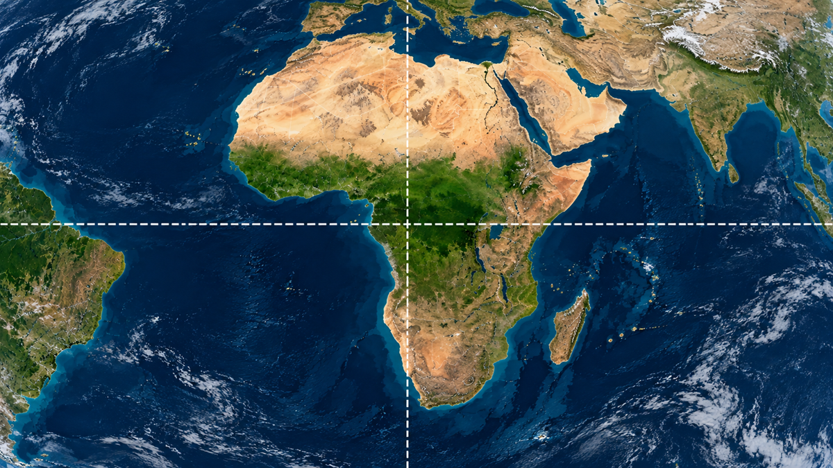 Satellite view of Earth centered on Africa, overlaid with a white dashed crosshair dividing the globe at the equator and the prime meridian.
