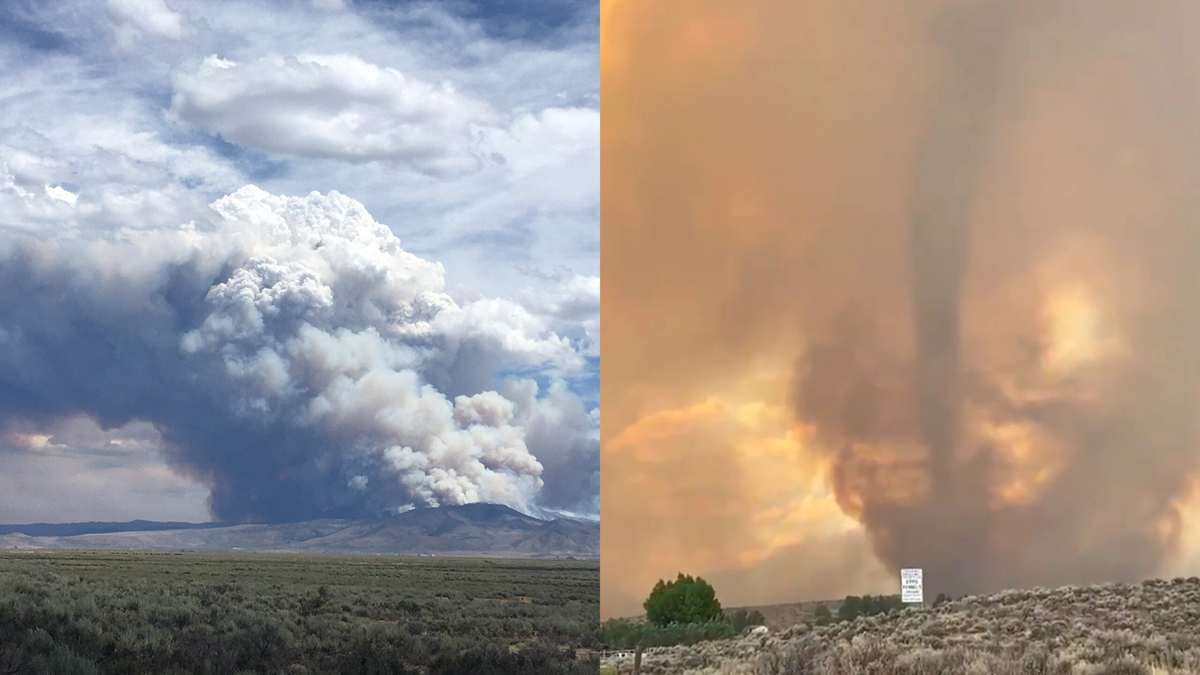 Side-by-side images showing a large wildfire smoke plume rising over a landscape and a fire whirl twisting through a field.