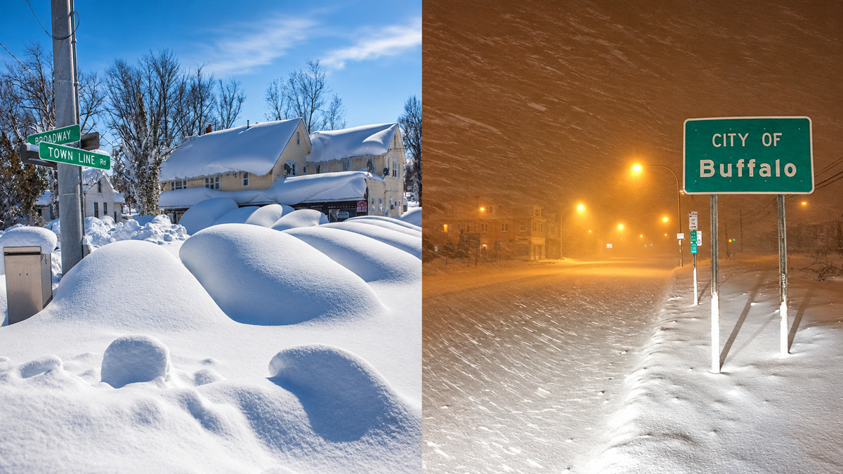 A side-by-side comparison of Buffalo during a snowstorm, showing cars buried in deep snow by day on the left, and a snowy city street at night with a “City of Buffalo” sign on the right.