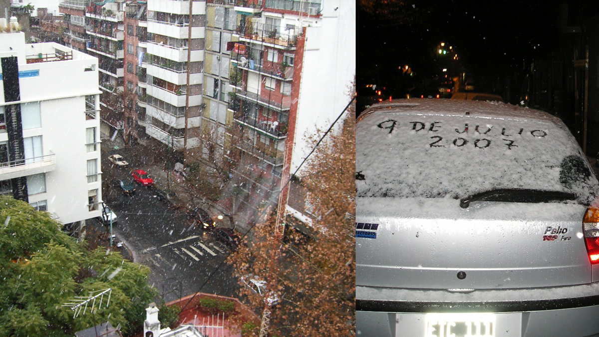 A split image showing a city street during a snowfall on the left, and a car covered in snow with “9 DE JULIO 2007” written in the frost on the right.