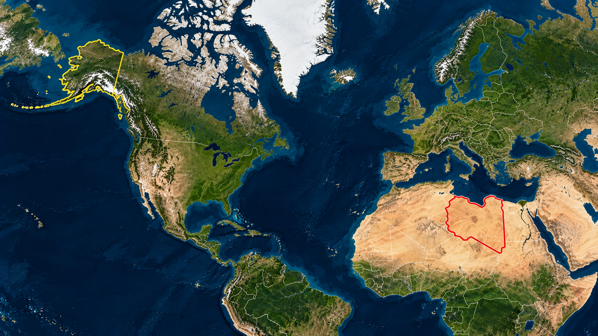 Satellite map of the world with Alaska outlined in yellow and Libya outlined in red.