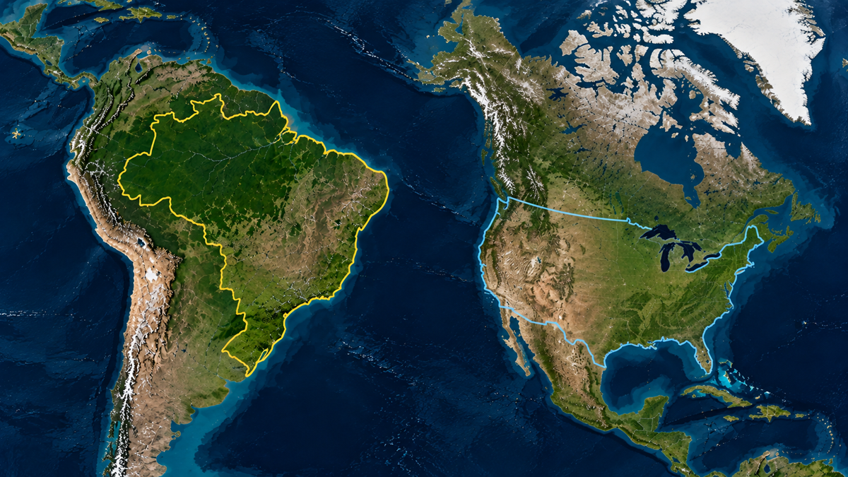 Satellite view of North and South America with the borders of Brazil outlined in yellow and the United States outlined in light blue.
