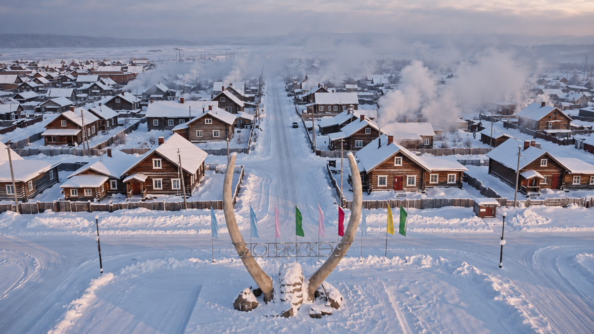 An aerial view of a snow-covered village street with a large monument of mammoth tusks in the foreground, framed by wooden houses emitting smoke.