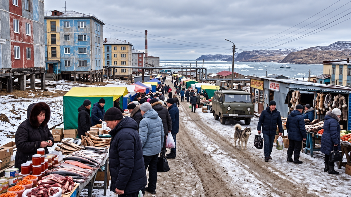 People shop at an outdoor market with stalls selling fish, meat, and furs, set against a backdrop of apartment buildings and a frozen coastal landscape.