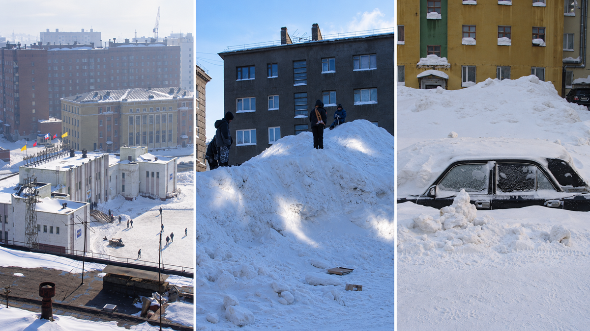Three-panel image showing a snowy cityscape: a high-angle view of a public building, children playing on a large snowbank near an apartment complex, and a car buried in deep snow.