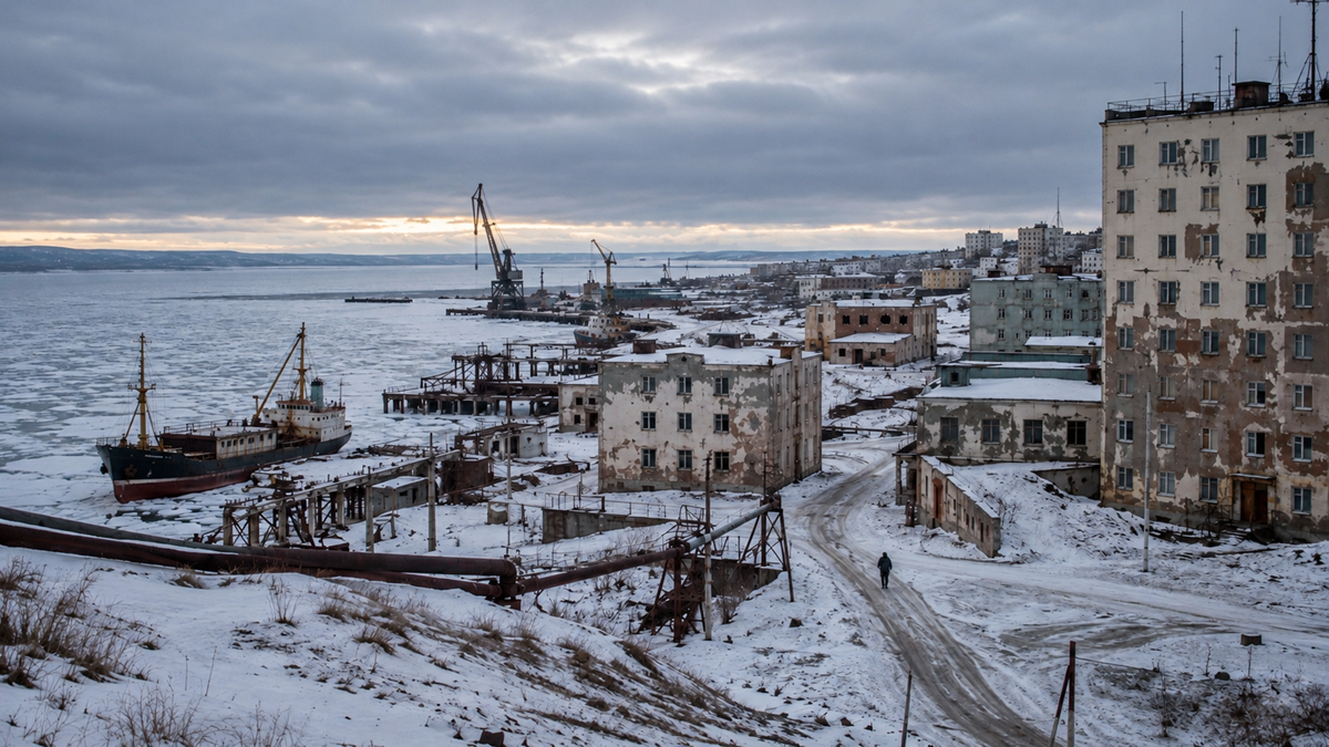 A solitary person walks along a snowy path past dilapidated apartment buildings toward a frozen harbor with industrial cranes and a docked ship.