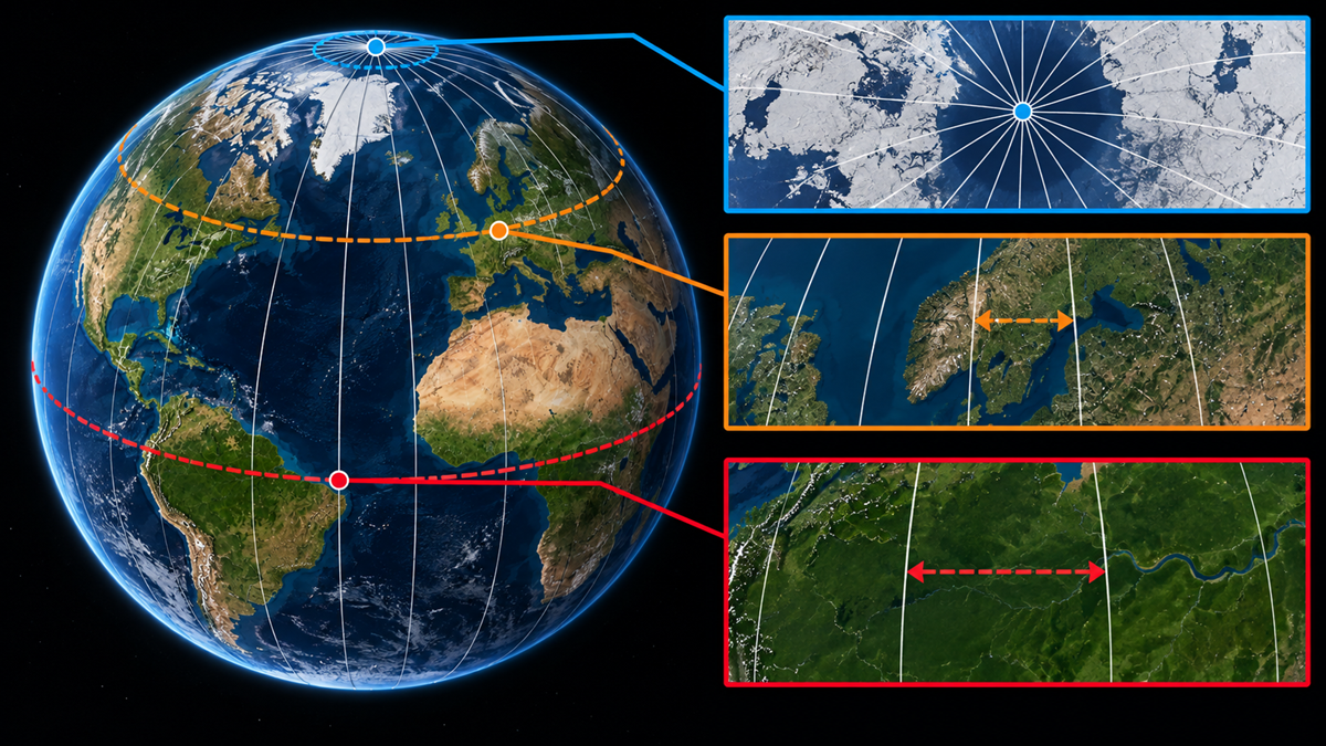 A globe centered on the Atlantic Ocean with three callout boxes showing zoomed-in views of the North Pole, Scandinavia, and the equator, each highlighting grid lines and distances.