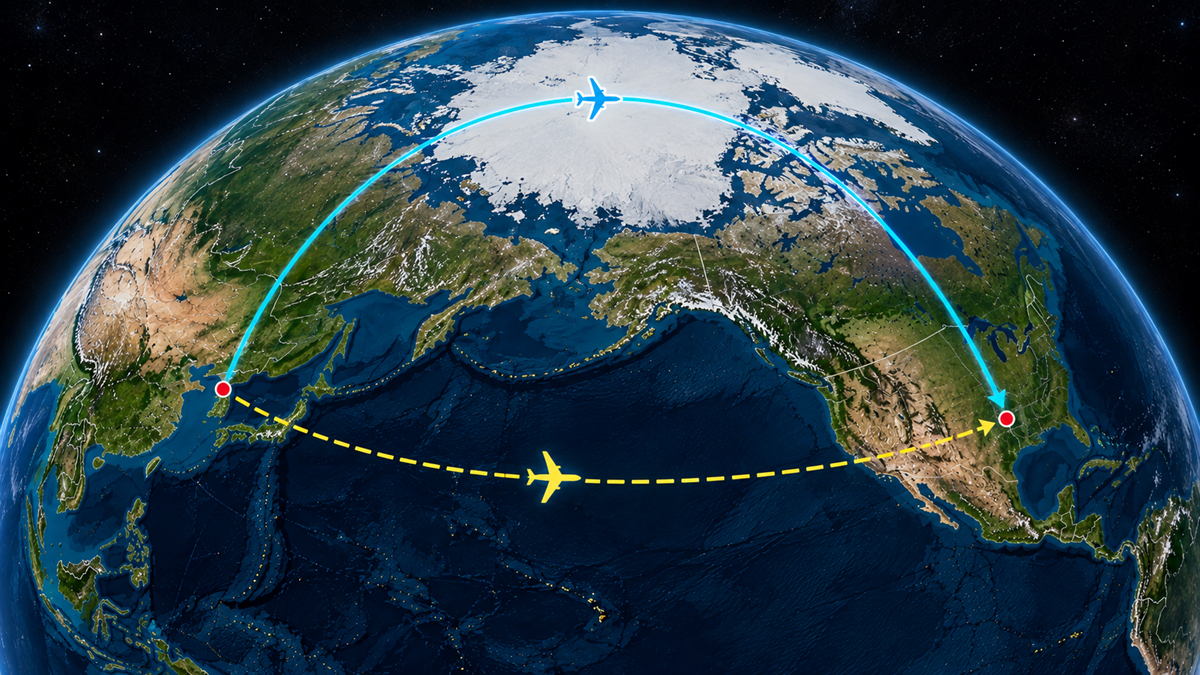 A map of the globe showing two flight paths connecting Japan and North America: one curved blue path over the Arctic and one dashed yellow path across the Pacific Ocean.
