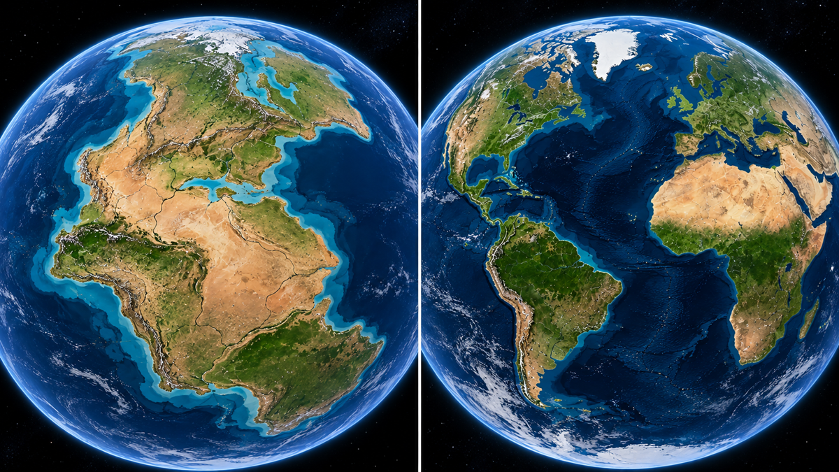Side-by-side comparison of the supercontinent Pangea on the left and the modern world on the right.