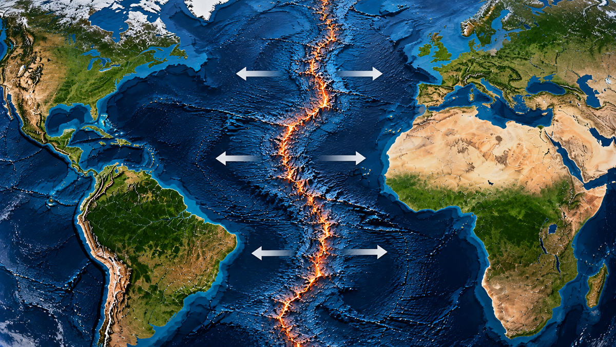A world map showing the Mid-Atlantic Ridge with glowing orange magma and white arrows indicating the tectonic plates moving apart.