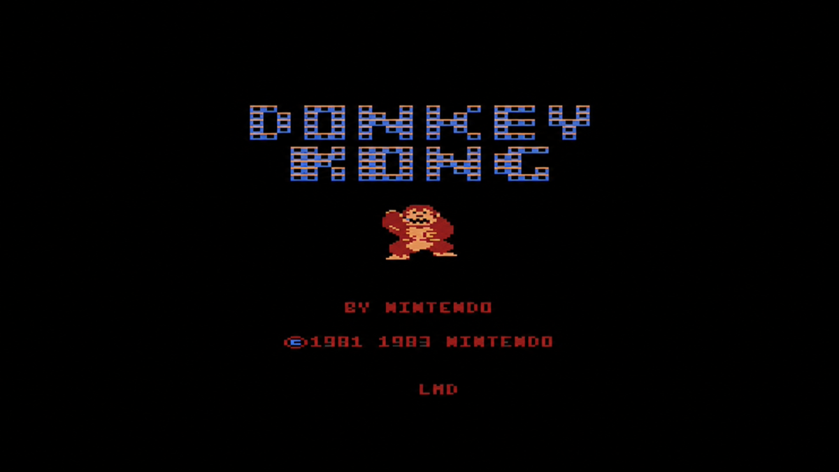 Easter egg. Title screen for the video game Donkey Kong, featuring the pixelated game logo and a small sprite of Donkey Kong.