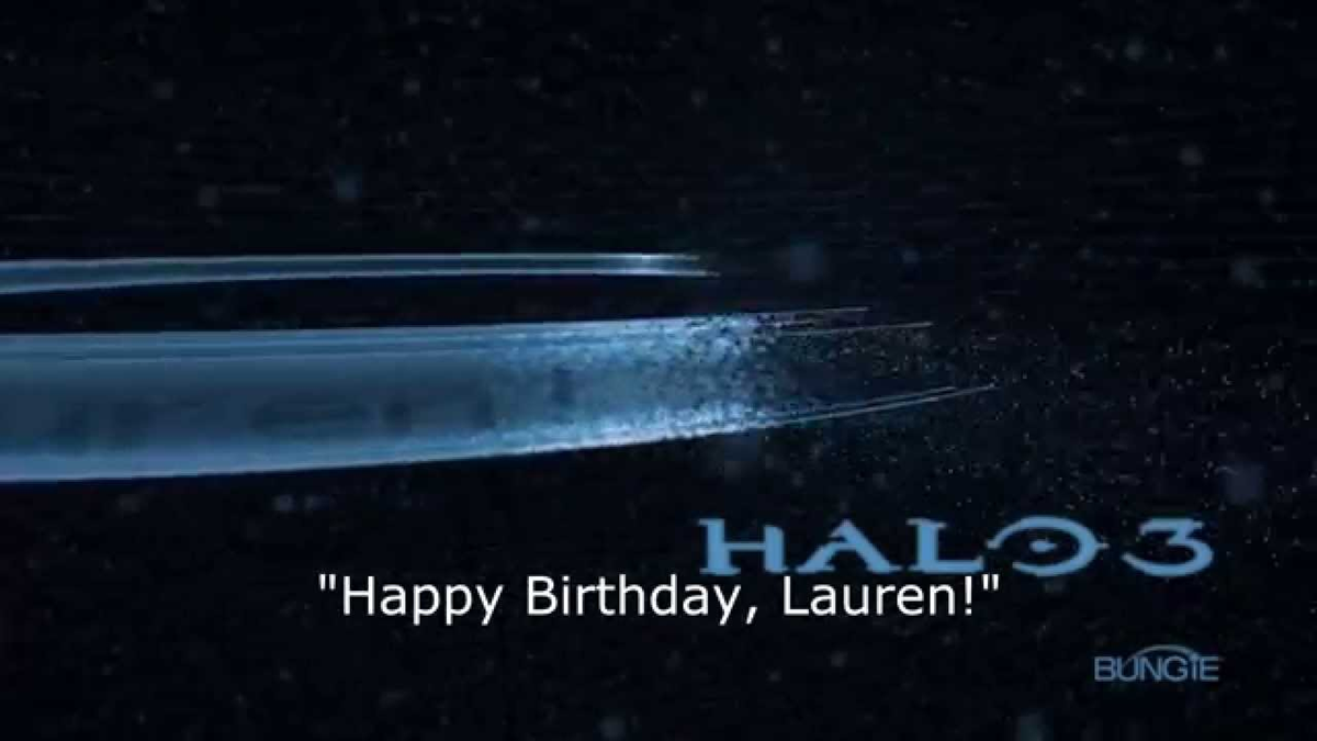 The Halo 3 game logo with the text “Happy Birthday, Lauren!” displayed below it against a dark, starry background.