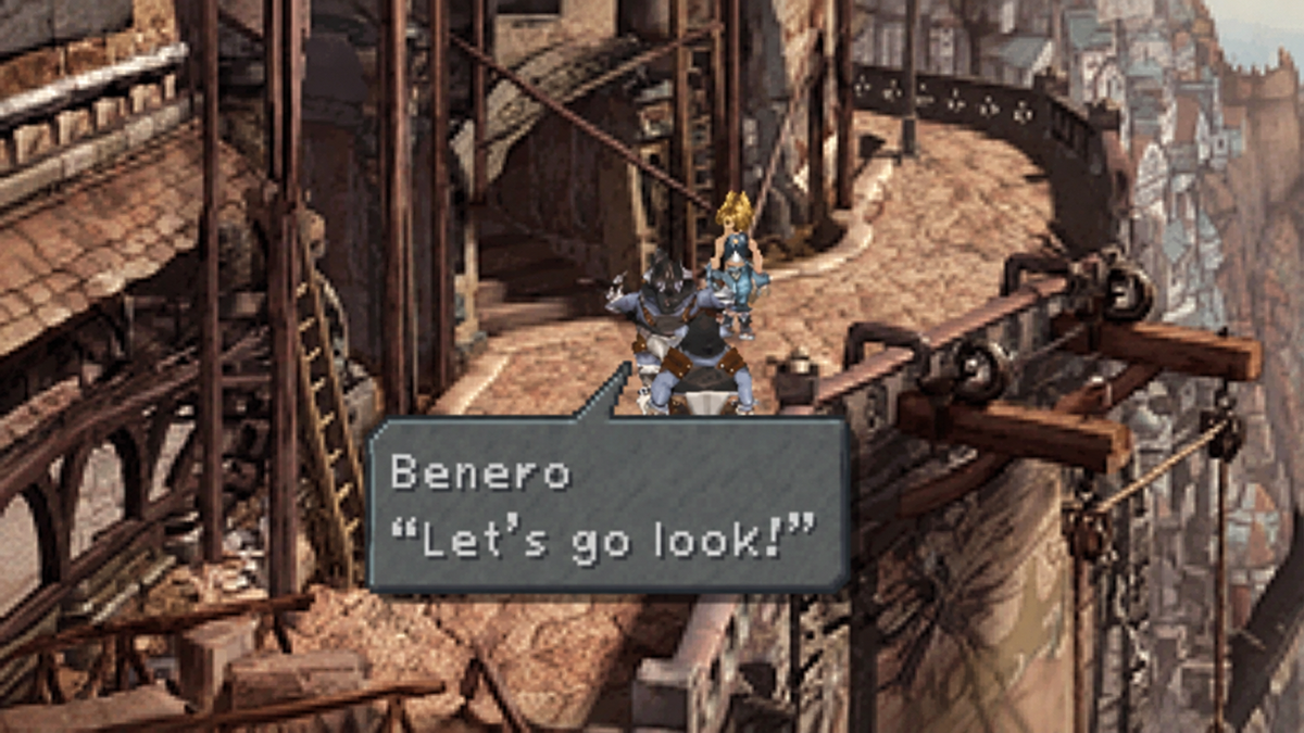 A dialogue box showing the character Benero saying, “Let’s go look!” while standing with another character on a stone balcony overlooking a town.