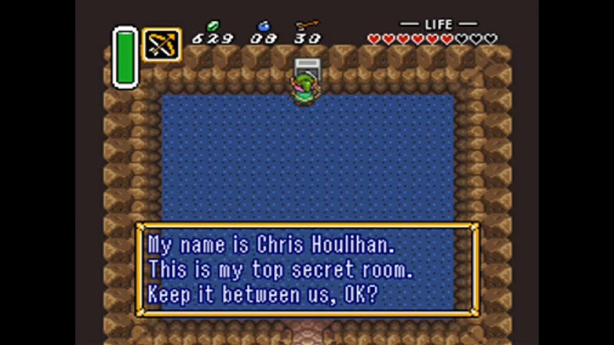 A top-down view of a video game screen showing a character in a secret room with a text box that reads, “My name is Chris Houlihan. This is my top secret room. Keep it between us, OK?”