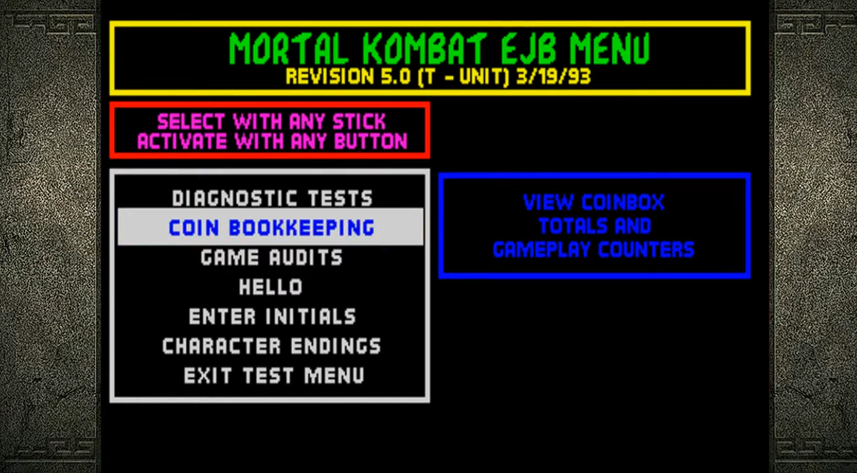 Mortal Kombat EJB Menu screen listing diagnostic and system options including Coin Bookkeeping, Game Audits, and Character Endings.