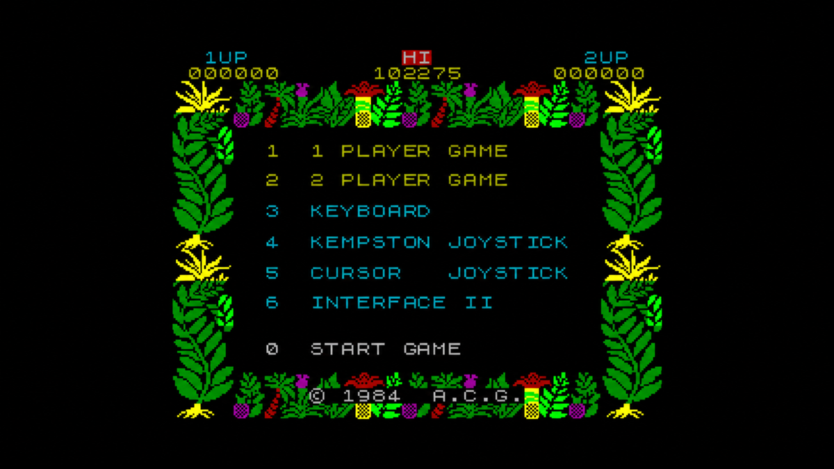 Retro video game main menu screen with options for player count, control method, and “Start Game,” surrounded by a tropical plant border.