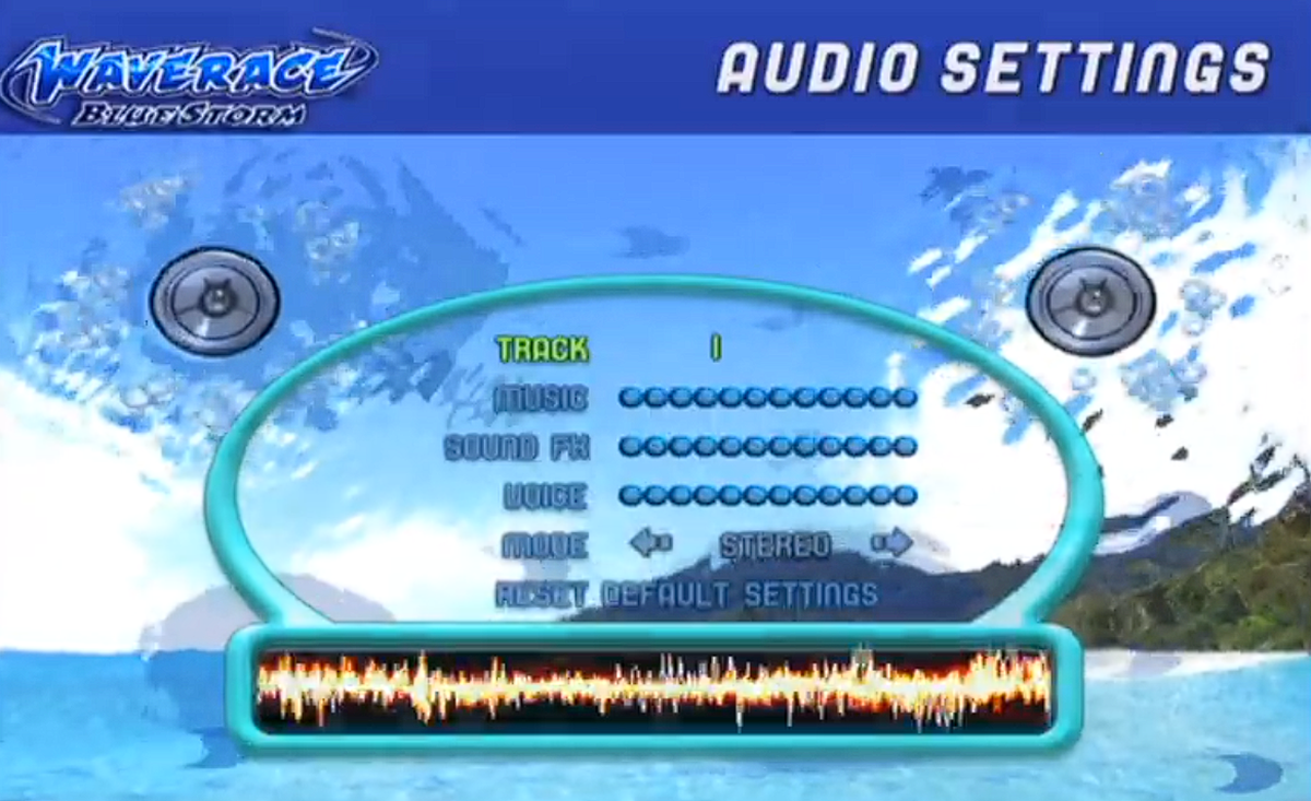 Audio settings menu for the video game Wave Race: Blue Storm, featuring sliders for music, sound effects, and voice volume, and a stereo mode option.