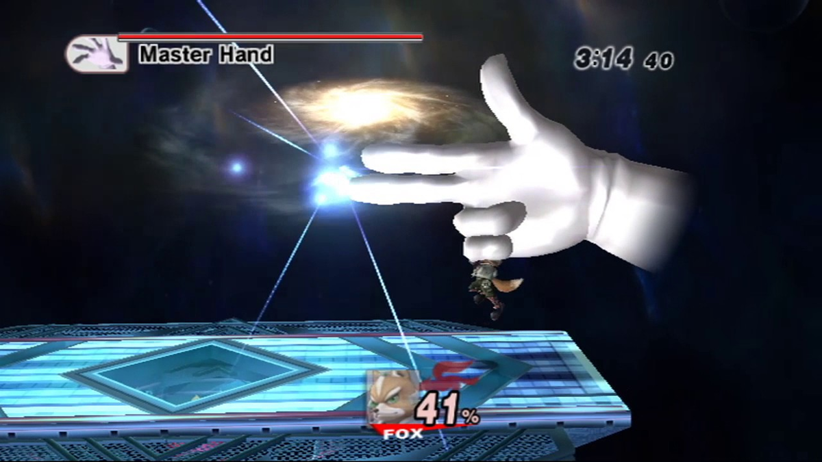 Master Hand in the form of a finger gun shoots a laser at Fox, who is at 41% damage, on the Final Destination stage in Super Smash Bros.