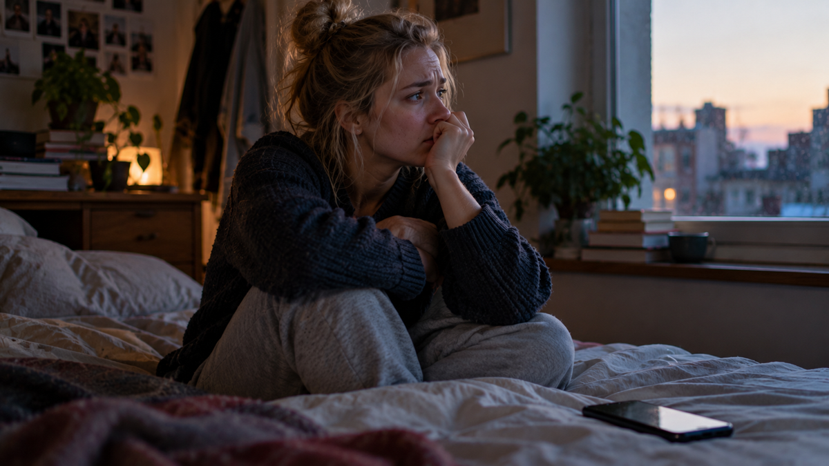 A woman with a worried expression sits on a bed, looking out a window at dusk.