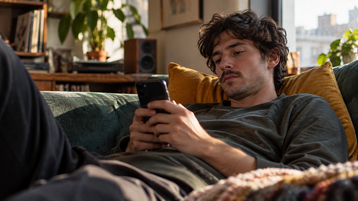 A young man with wavy hair and a mustache reclines on a sofa while looking at his smartphone.