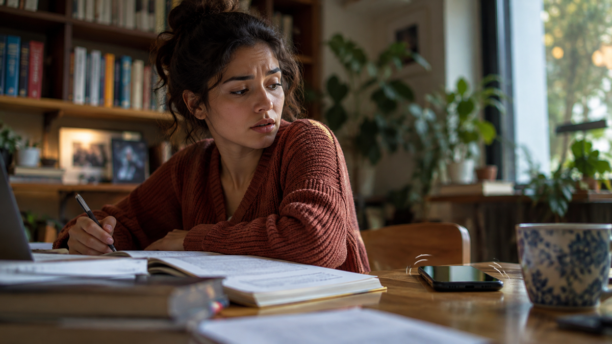 Notifications. A woman studying at a desk looks toward her vibrating smartphone.