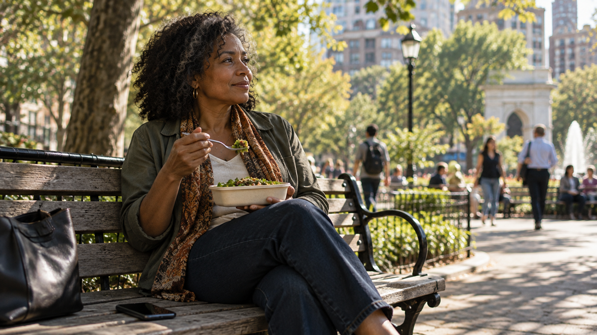 A woman sits on a park bench, eating a salad from a container while looking away.