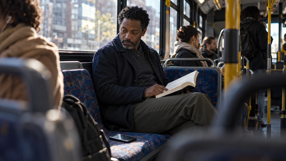 A man sits on a bus reading a book, with a smartphone resting on the seat beside him.
