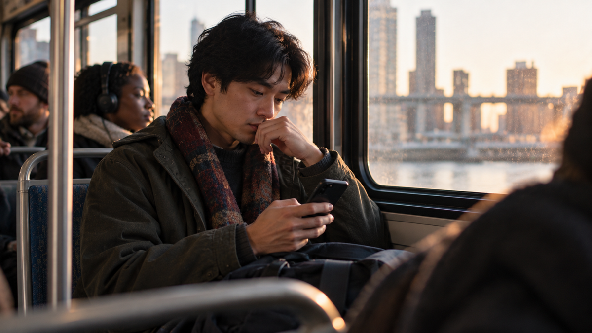 A man in a coat and scarf looks at his phone while sitting on a commuter train with a city skyline visible through the window.
