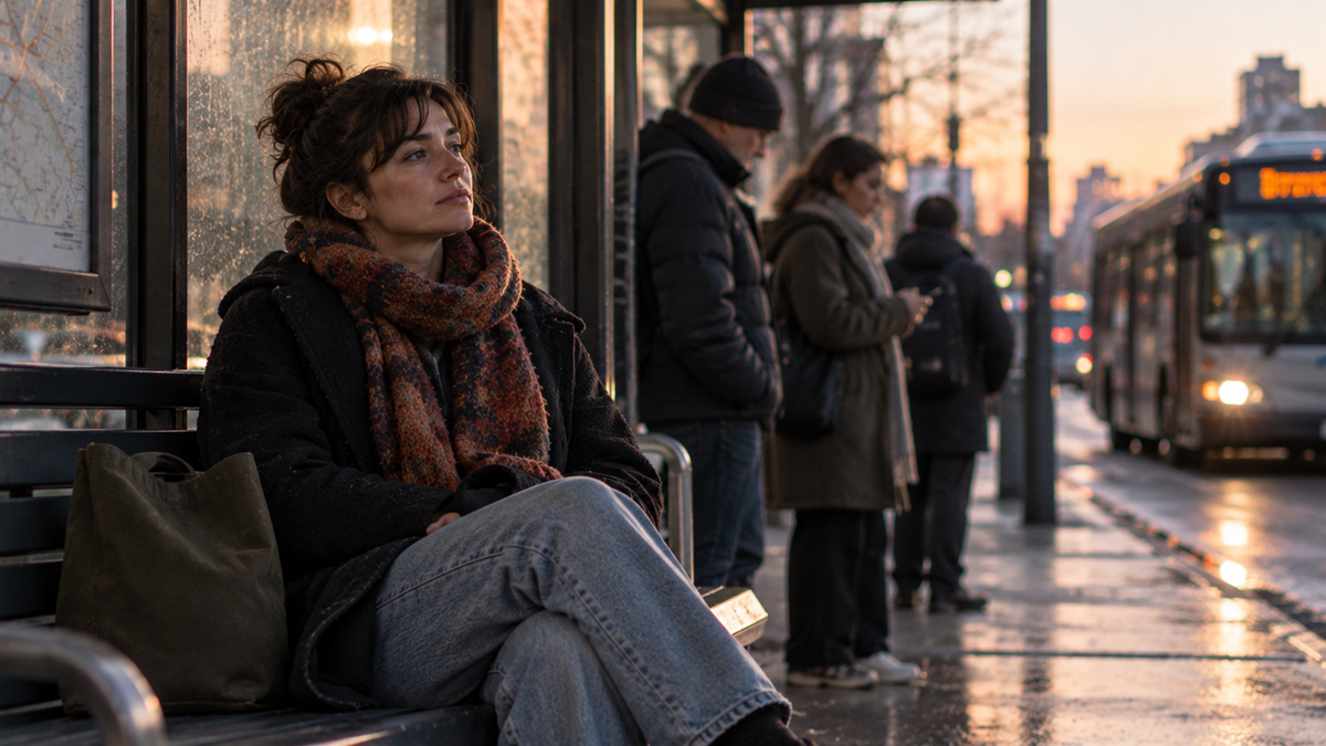 A woman sitting on a bus stop bench at sunset, with other people standing nearby waiting for a bus.