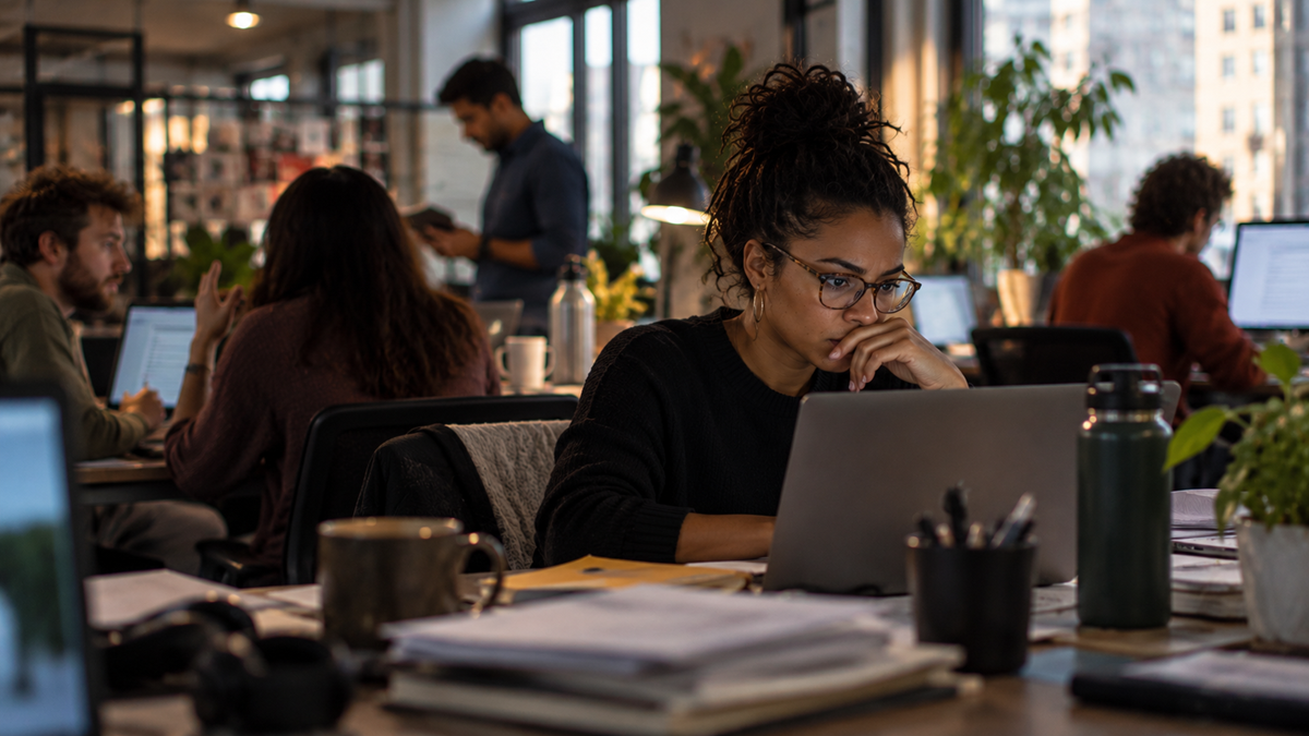 A woman with glasses works on a laptop in a busy, sunlit office surrounded by colleagues.