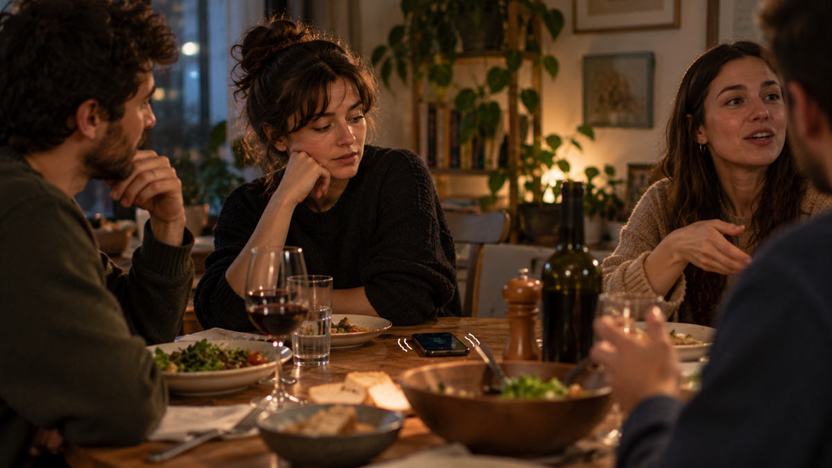 Four people sit around a wooden dining table having dinner, with a smartphone vibrating on the table between them.