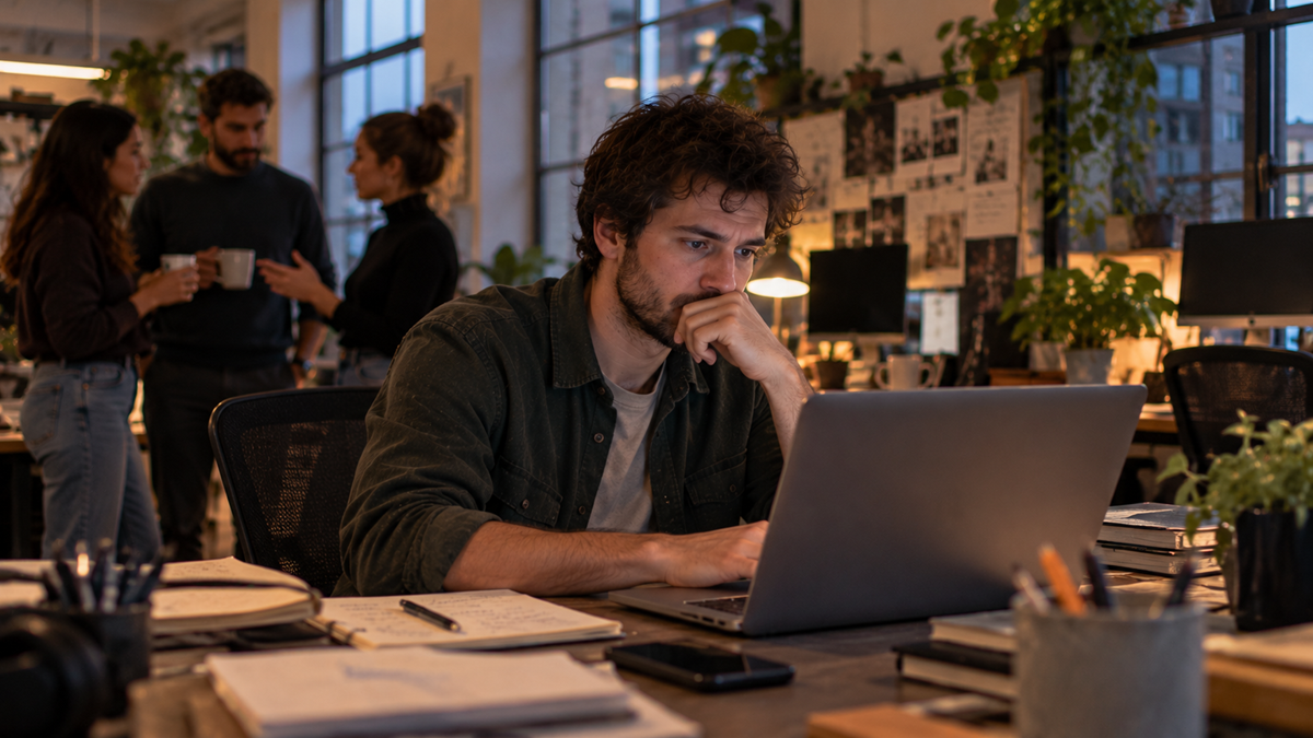 A man sits at a desk working on a laptop with a thoughtful expression, while three coworkers chat in the background of a modern office.