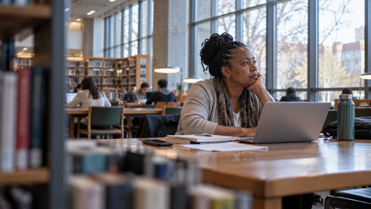 A woman sitting at a library table with a laptop, resting her chin on her hand and looking away in thought.