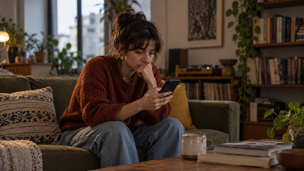 A woman sitting on a couch in a living room, looking down at her smartphone with a thoughtful expression.
