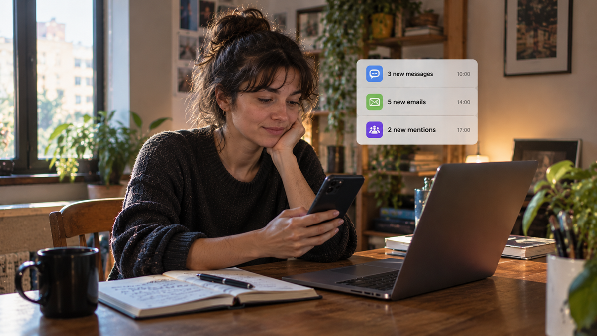 A person looking at their smartphone at a desk with a laptop and a notification overlay showing three new messages, five new emails, and two new mentions.