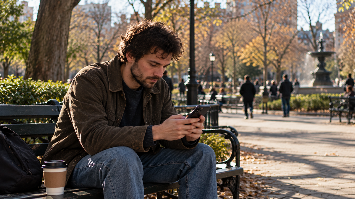 A man sitting on a park bench looks down at his smartphone, with a paper coffee cup beside him.