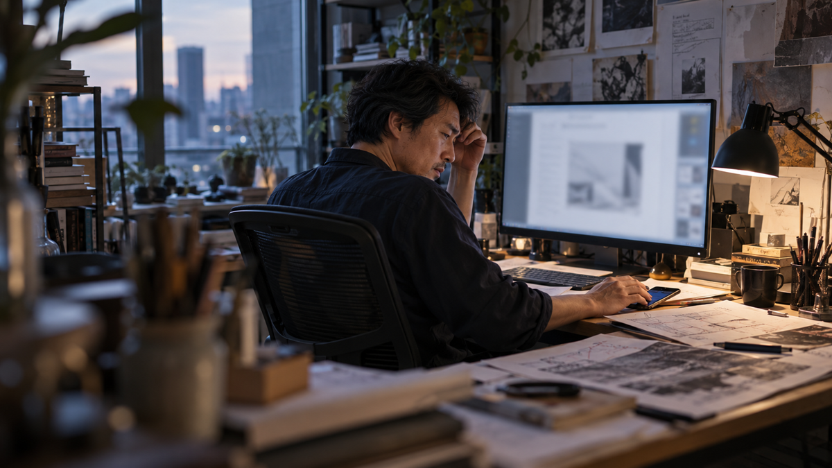 A man sits at a desk in a cluttered home office at dusk, resting his head in his hand while working on a computer.