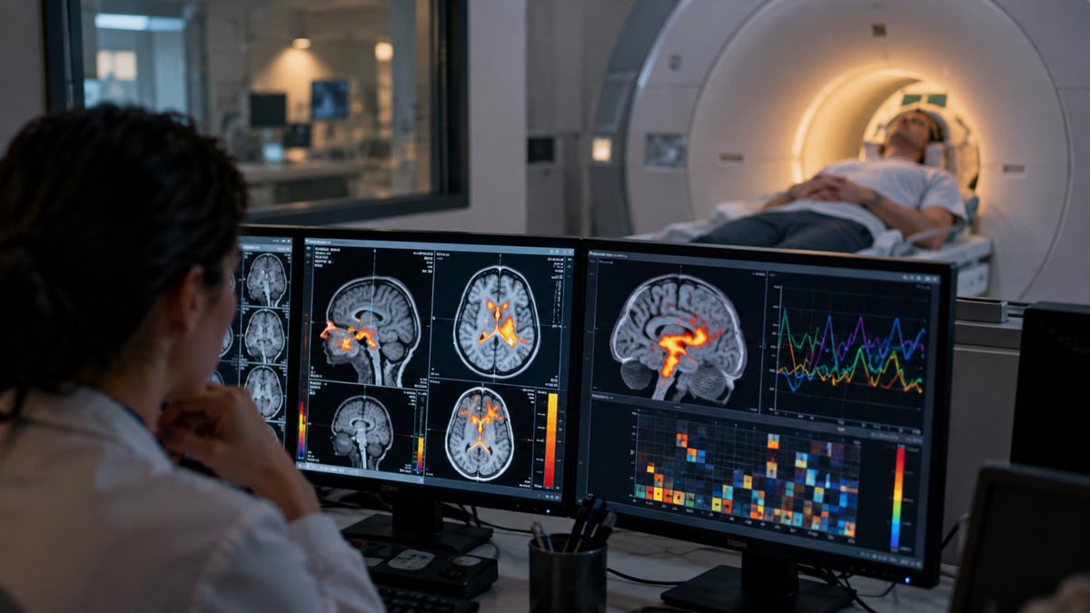 A technician monitors brain scans on computer screens while a patient undergoes an MRI scan.