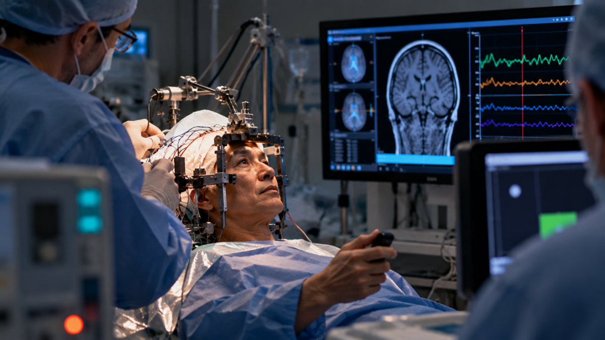 A patient with a metal stereotactic frame on their head undergoing brain surgery while a surgeon works and monitors display brain scans.