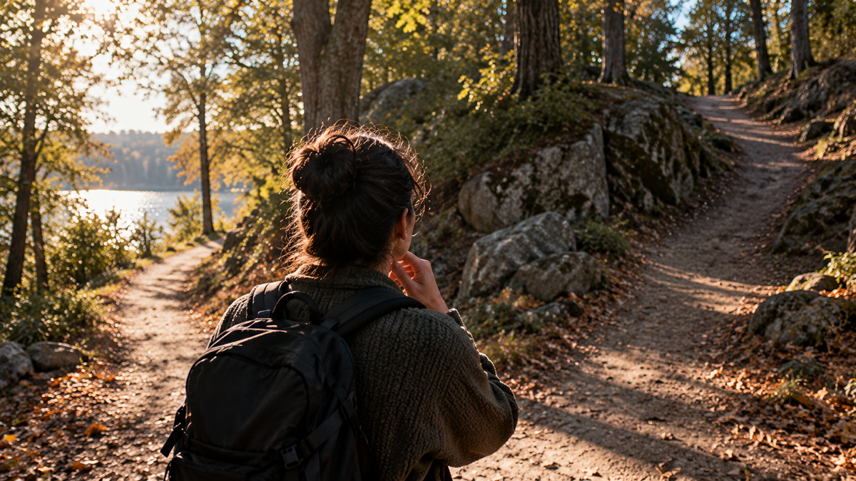 A hiker with a backpack stands at a fork in a wooded trail, choosing between a path toward a lake or a path leading into the forest.
