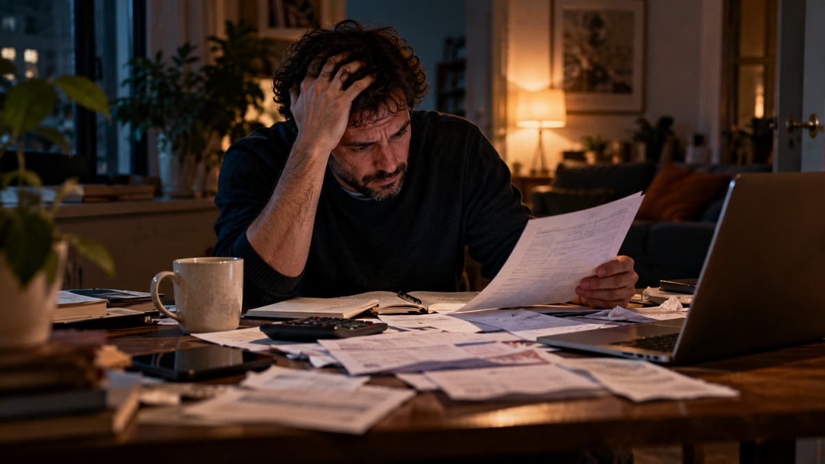 A man sitting at a desk at night, looking stressed while reviewing financial documents and a laptop.