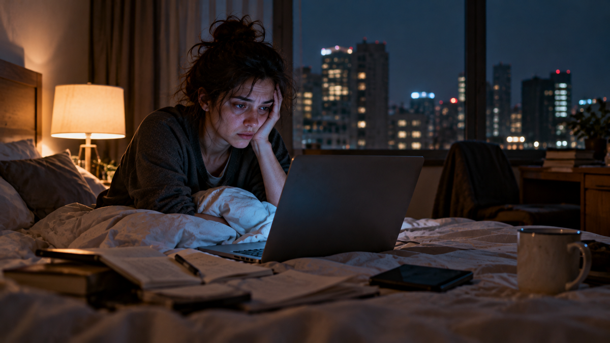 A tired woman looking at a laptop in bed at night, with a city skyline visible through the window behind her.