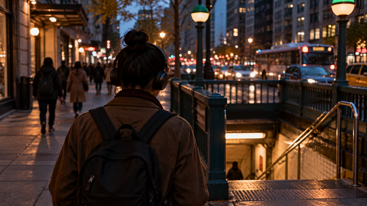 A person with a backpack and headphones stands on a city sidewalk next to a subway station entrance at dusk.