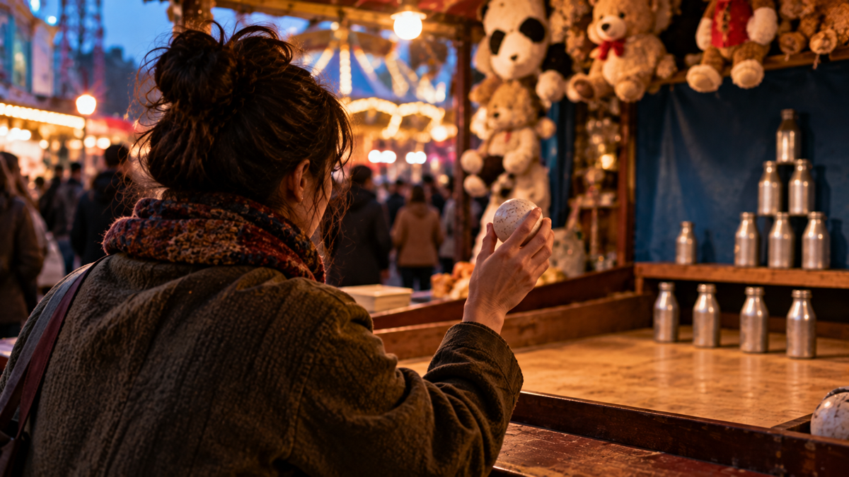 A person at a fairground stall prepares to throw a ball at a pyramid of metal cans.