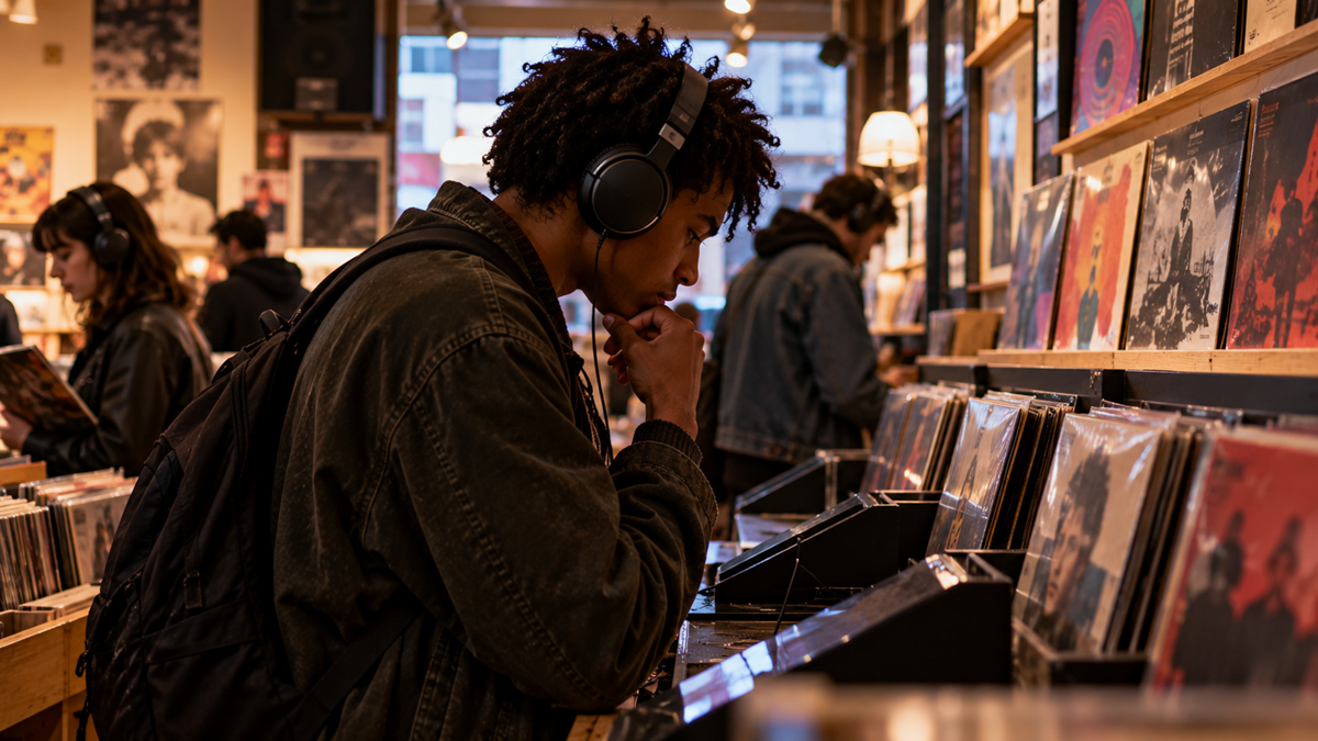 A person wearing headphones browses through a selection of vinyl records in a record store.