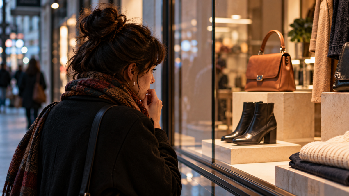 A person in a coat and scarf looks into a retail store window display featuring a leather handbag and black heeled boots.